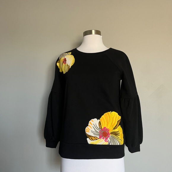 KAREN MILLEN Floral Embroidered Black Casual Cotton Balloo Sleeve Sweatshirt Top - Picture 6 of 16